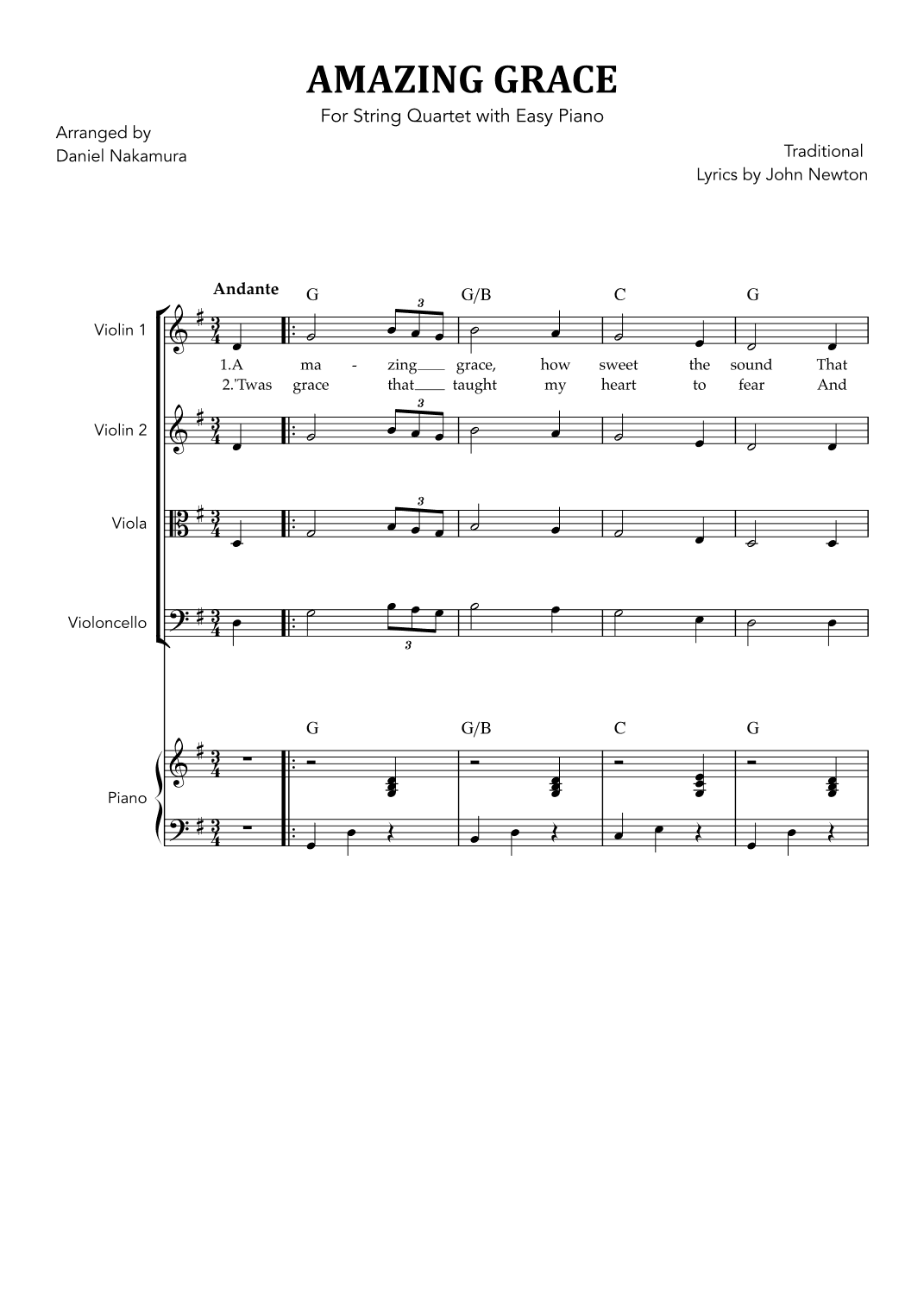 Amazing Grace (for String Quartet and Easy Piano) (arr. Daniel Nakamura)