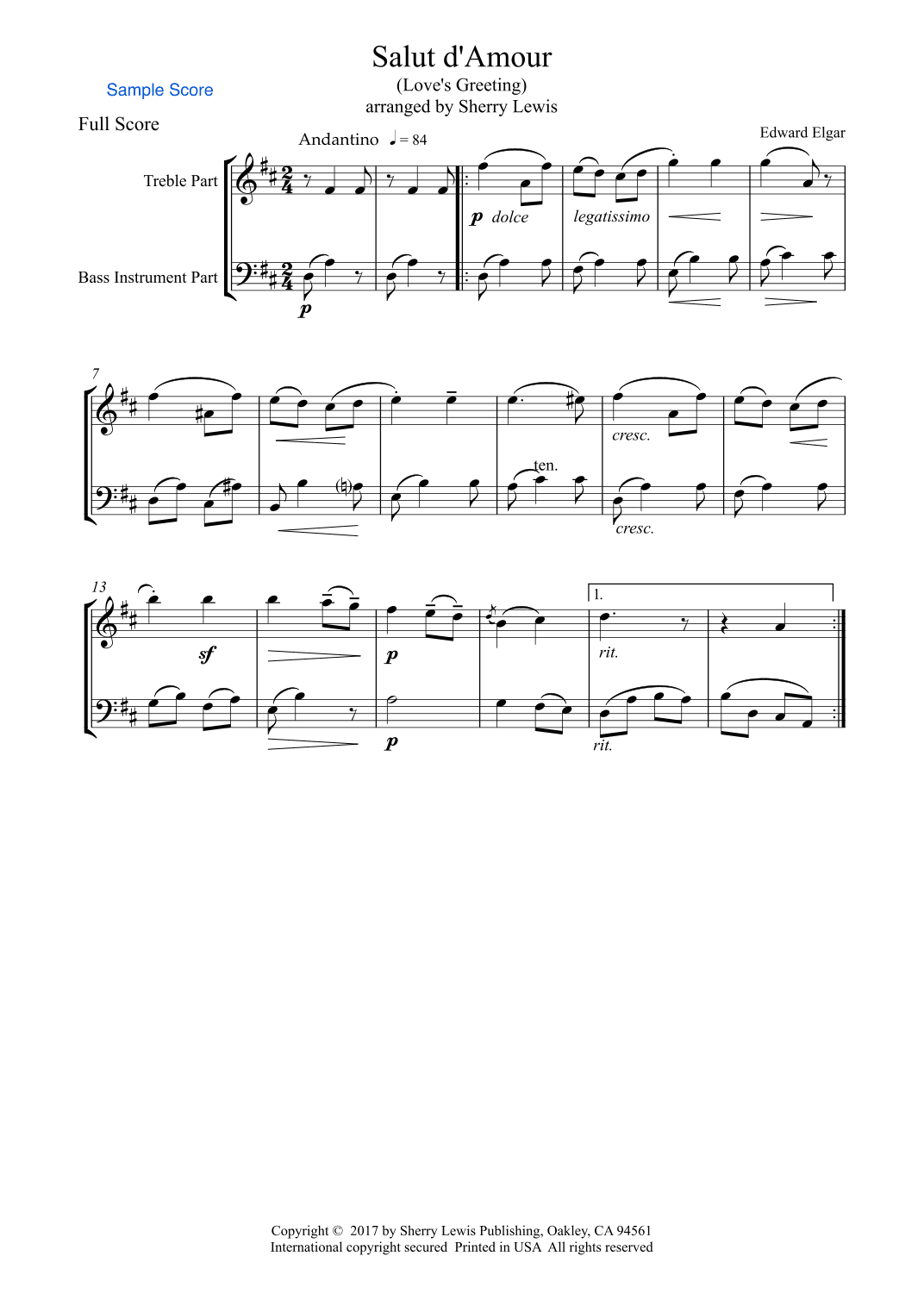 SALUT d'AMOUR for Duo  for String Duo, Woodwind Duo, any combination of a treble clef instrument and (arr. Sherry Lewis)