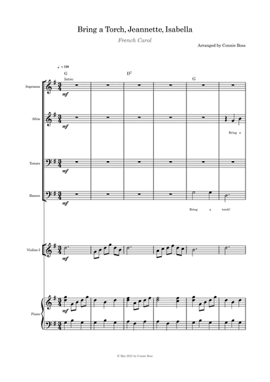 Bring a Torch, Jeanette, Isabella - SATB, violin and piano with parts page (arr. Connie Boss)