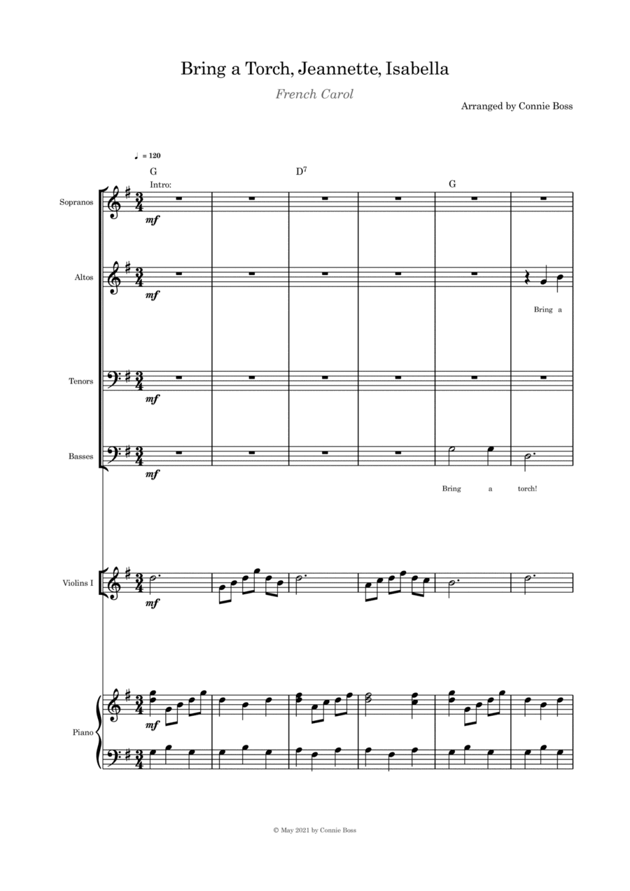 Bring a Torch, Jeanette, Isabella - SATB, violin and piano with parts page (arr. Connie Boss)