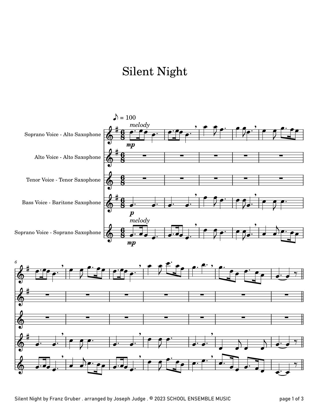 Silent Night for Saxophone Quartet in Schools (arr. Joseph Judge)
