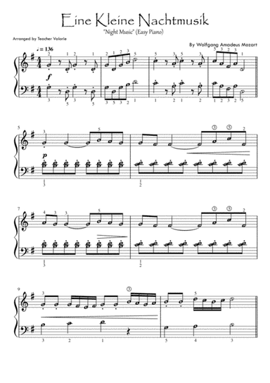 Eine Kleine Nachtmusik (Mozart) Easy Piano (with note names & finger numbers) (arr. Harmony Valarie @ Teacher Valarie)