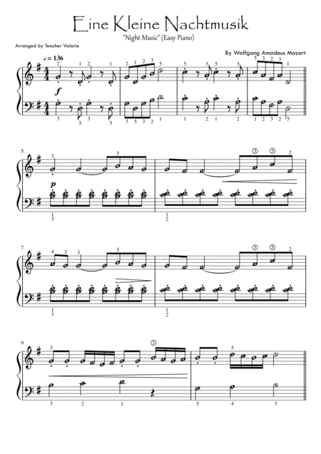 Eine Kleine Nachtmusik (Mozart) Easy Piano (with note names & finger numbers) (arr. Harmony Valarie @ Teacher Valarie)