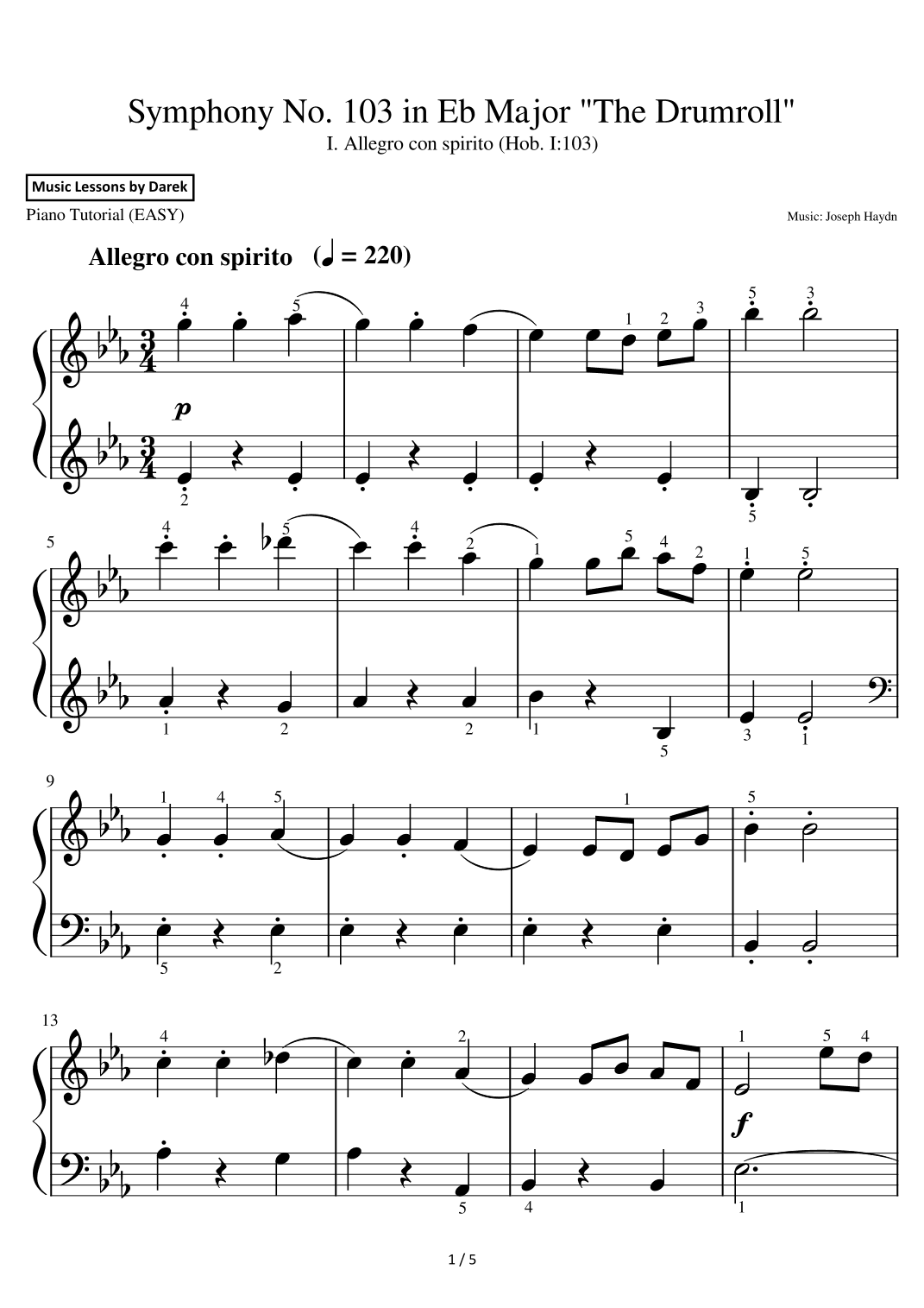 Symphony No. 103 in Eb Major "The Drumroll" (EASY PIANO) I. Allegro con spirito (Hob. I:103) [Haydn] (arr. Darek)