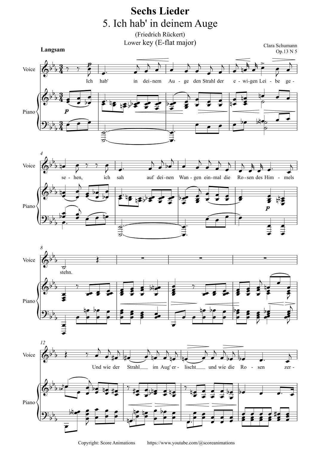 C.SCHUMANN. Ich hab' in deinem Auge Op 13 N5 in E-flat major (Lower key) (arr. Score Animations)