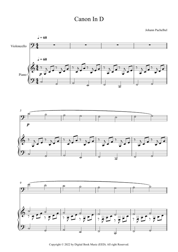 Canon In D - Johann Pachelbel (Cello + Piano) (arr. Digital Book Music)