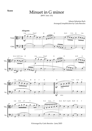 Minuet in G minor BWV anh 115 (Bach) Viola and Cello chords (arr. Cadu Barcelos)