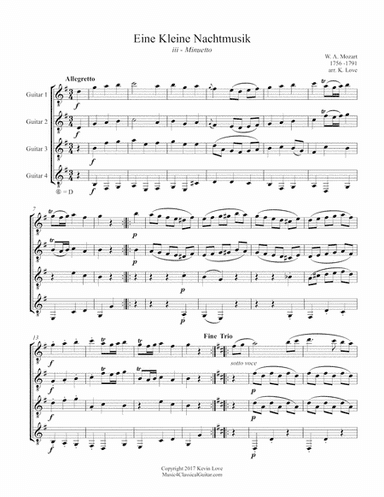 Eine kleine Nachtmusik, K. 525 - iii - Minuetto (Guitar Quartet) - Score and Parts (arr. K. Love)