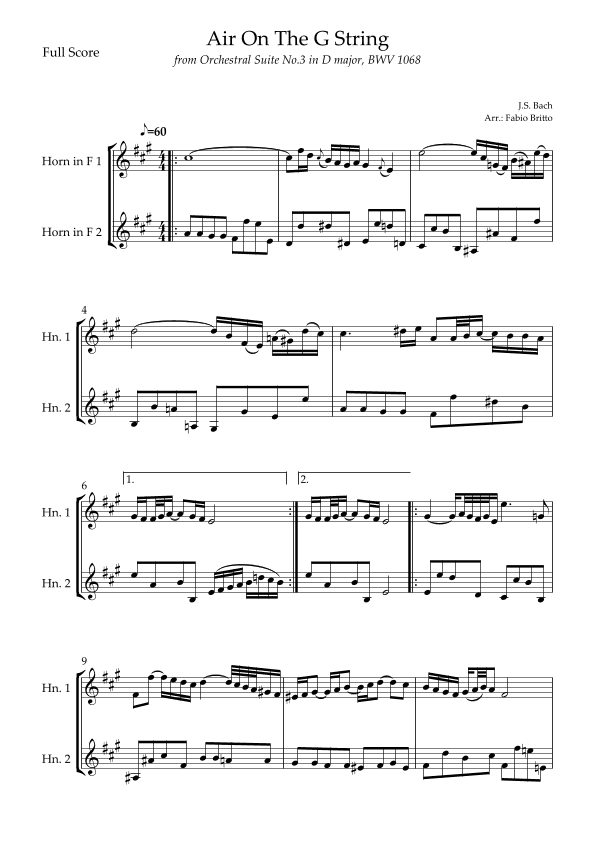 Air On The G String (J.S. Bach) for Horn in F Duo (arr. Fabio Britto)