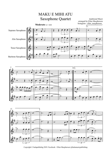 Maku e mihi atu - Maori NZ Saxophone Quartet. ALL PARTS and SCORE (arr. Ellen Macpherson)