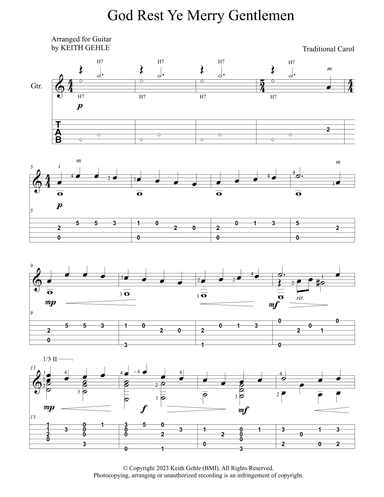 "God Rest Ye Merry Gentlemen" for solo classical fingerstyle guitar (+TAB) (arr. Keith W. Gehle)