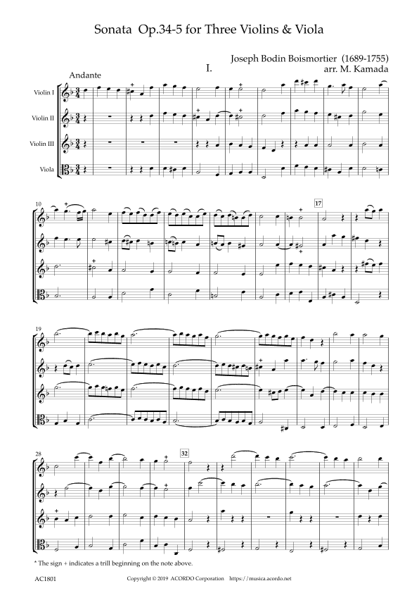 Sonata Op.34-5 for Three Violins & Viola (arr. Mikio Kamada)