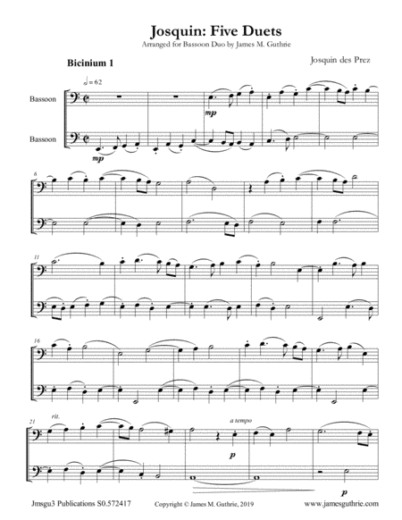 Josquin: Five Duets for Bassoon Duo (arr. James M. Guthrie)