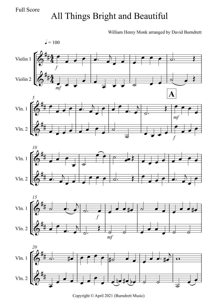 All Things Bright and Beautiful for Violin Duet (arr. David Burndrett)