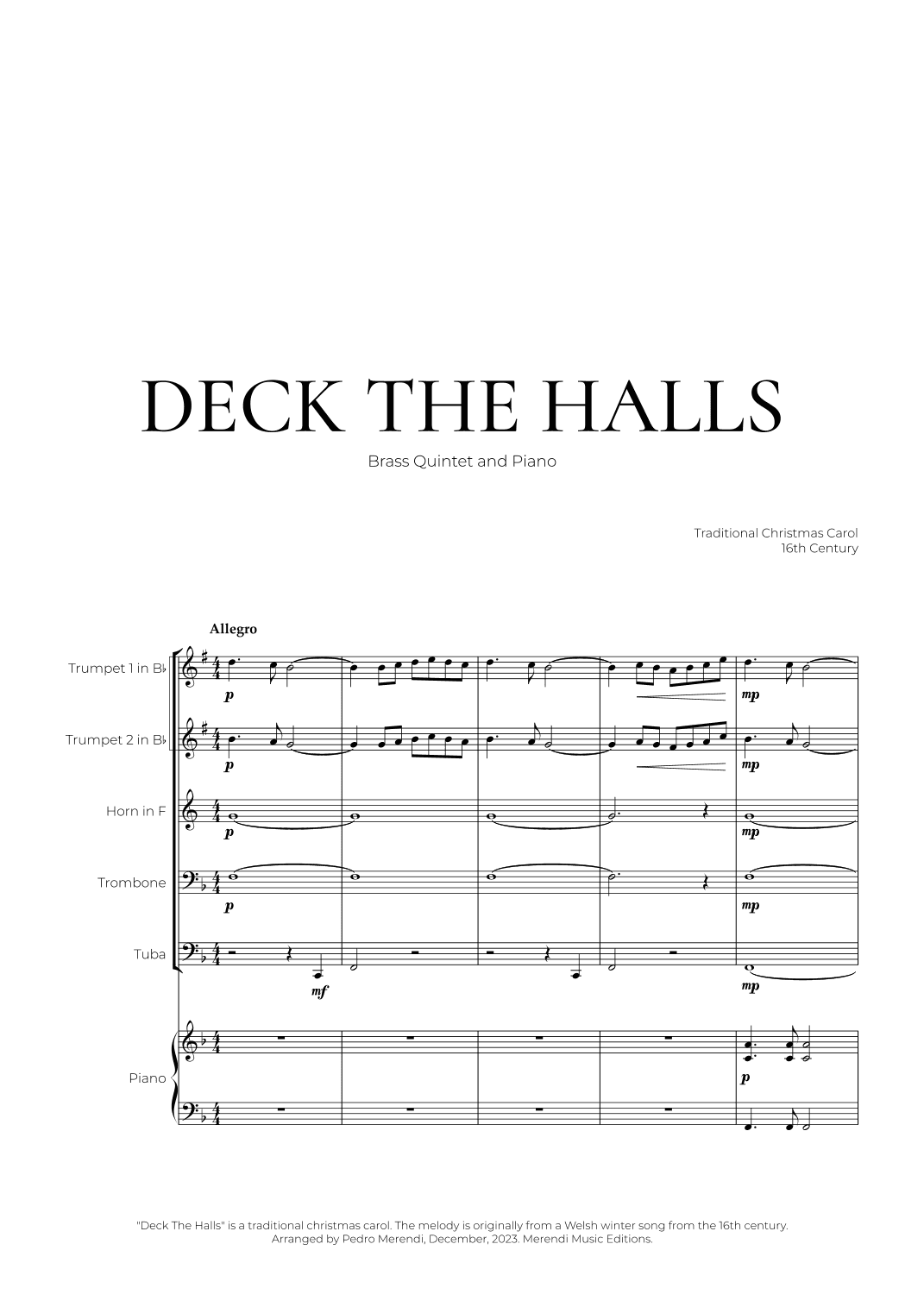 Deck The Halls (Brass Quintet and Piano) - Christmas Carol (arr. Pedro Merendi)