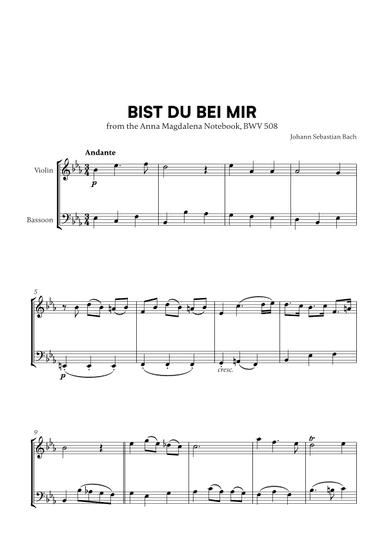 Bist du bei Mir (BWV 508) (for Violin and Bassoon) (arr. Cadenza Editions)