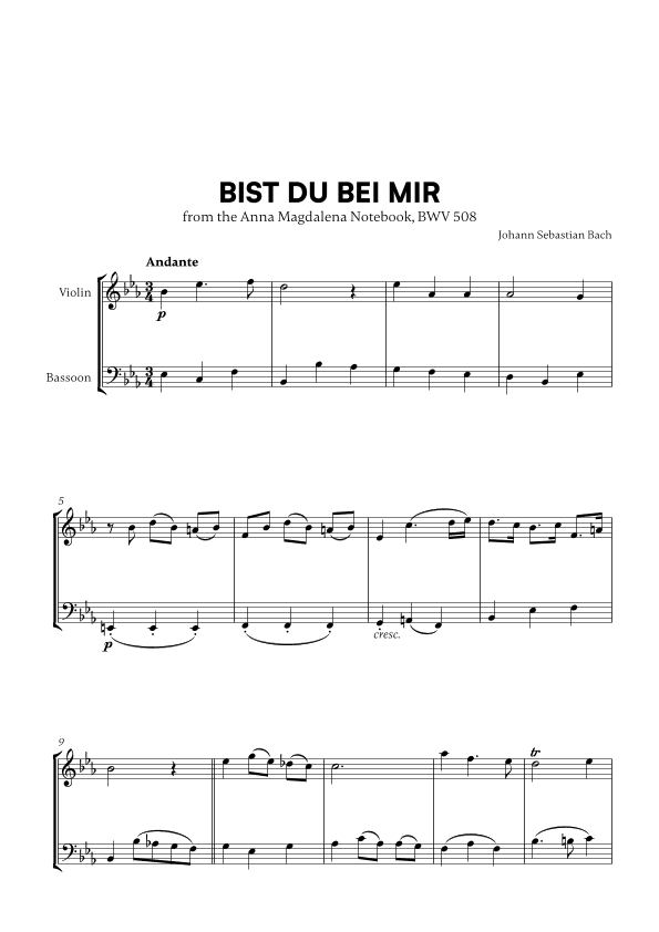 Bist du bei Mir (BWV 508) (for Violin and Bassoon) (arr. Cadenza Editions)