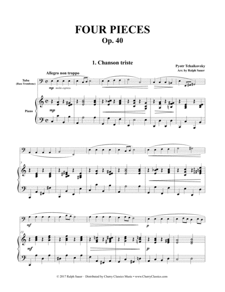 Four Pieces Op. 40 for Tuba or Bass Trombone and Piano (arr. Sauer, Ralph)