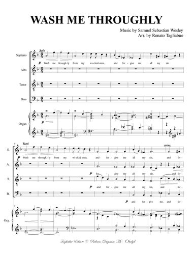 WASH ME THROUGHLY - Wesley - For SATB Choir and Organ (arr. Renato Tagliabue)