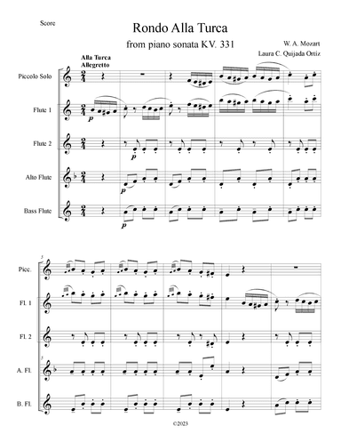 Rondo Alla Turca, from Piano Sonata KV 331. Flute ensemble, SCORE & PARTS (arr. Laura C. Quijada Ortíz)
