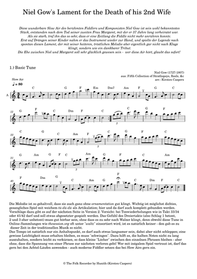 Niel Gow's Lament for the Death of his Second Wife (Deutsche Ausgabe) (arr. Kirsten Caspers)
