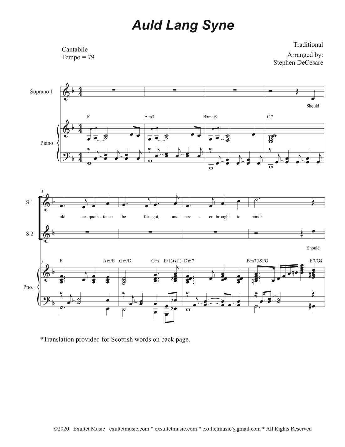 Auld Lang Syne (Vocal Trio - (SSA) (arr. Stephen DeCesare)