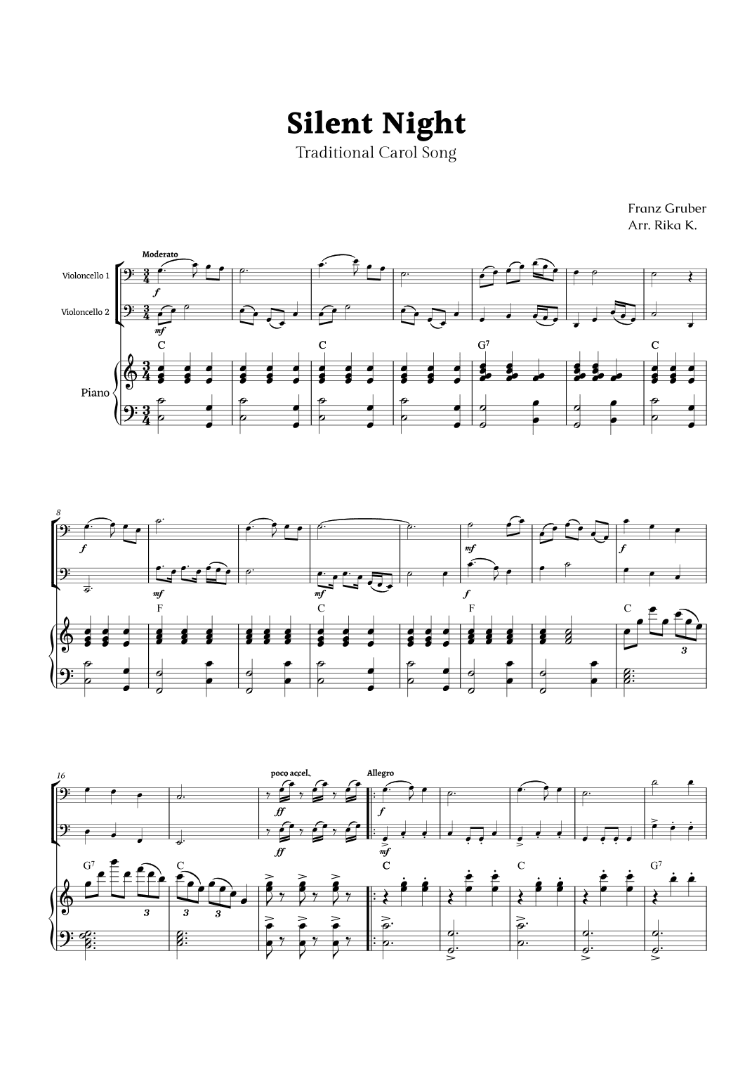 Silent Night for Cello Duet and Piano (arr. Rika K.)