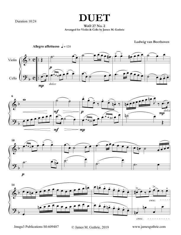 Beethoven: Duet WoO 27 No. 2 for Violin & Cello (arr. James M. Guthrie, ASCAP)