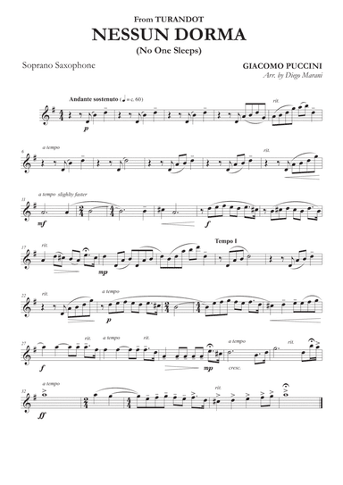Nessun Dorma for Saxophone Quartet (arr. Diego Marani)