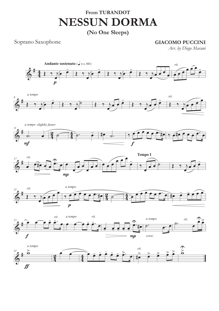 Nessun Dorma for Saxophone Quartet (arr. Diego Marani)
