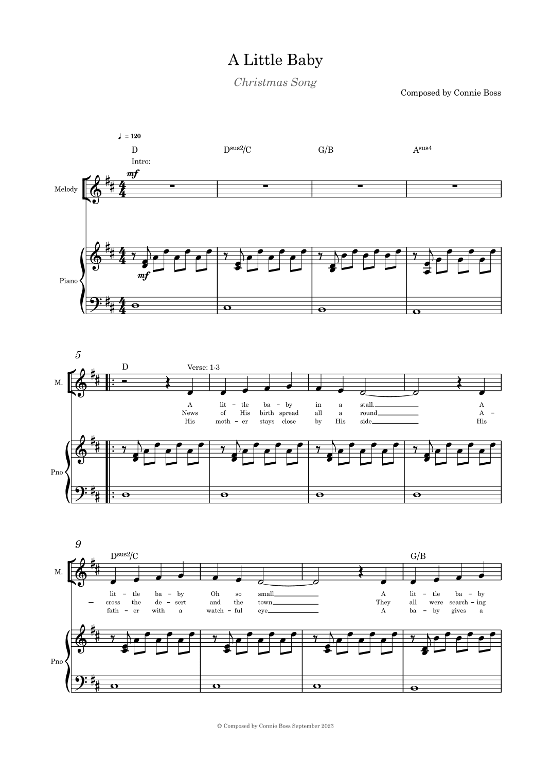 A Little Baby - Christmas song solo and piano composed by Connie Boss