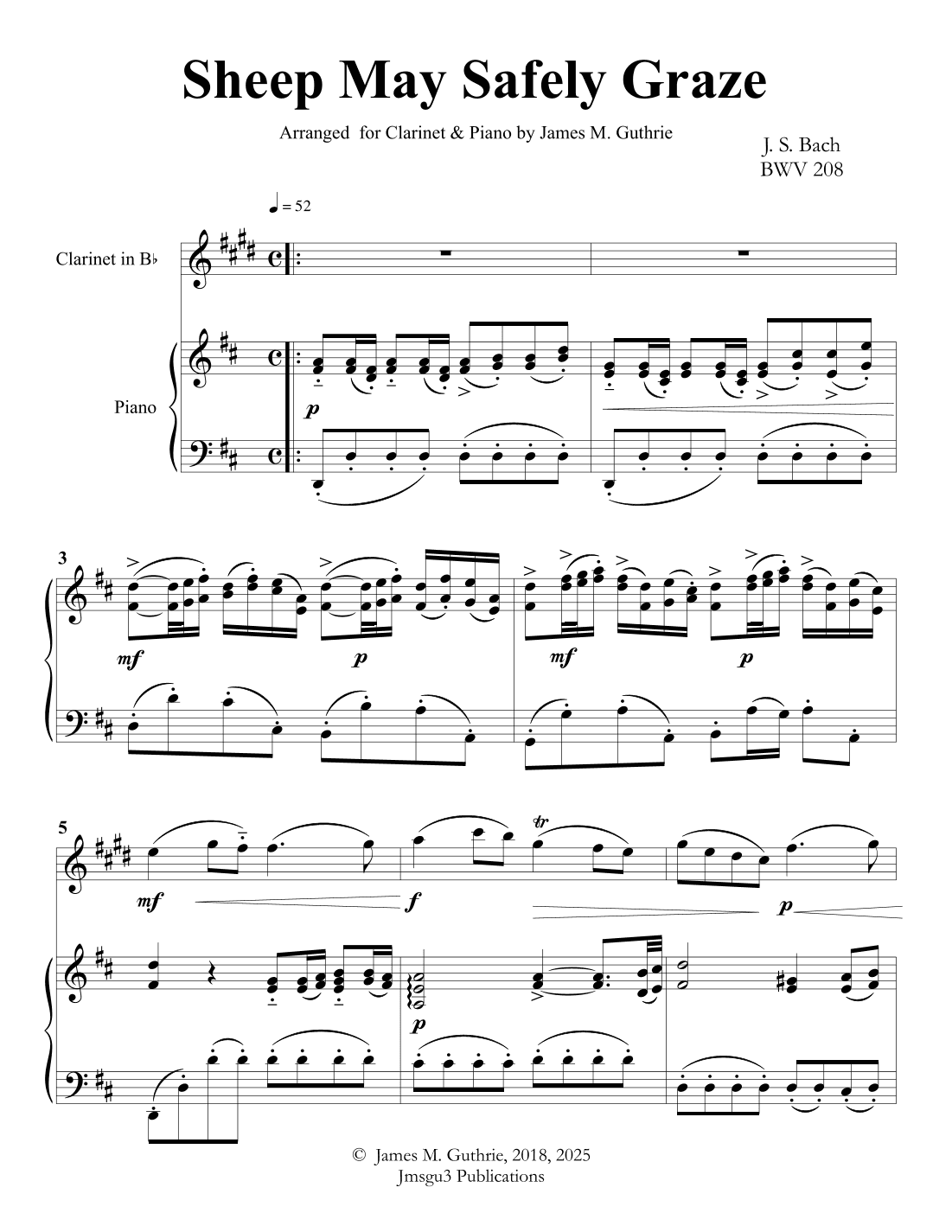 Bach: Sheep May Safely Graze for Clarinet & Piano (arr. James M. Guthrie, ASCAP)