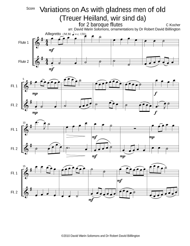 Variations on As with Gladness (Treuer Heiland wir sind da) for 2 baroque flutes (arr. David Warin Solomons)