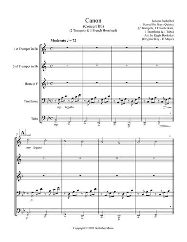 Canon (Pachelbel) (Bb) (Brass Quintet - 2 Trp, 1 Hrn, 1 Trb, 1 Tuba) (arr. Regis Bookshar)