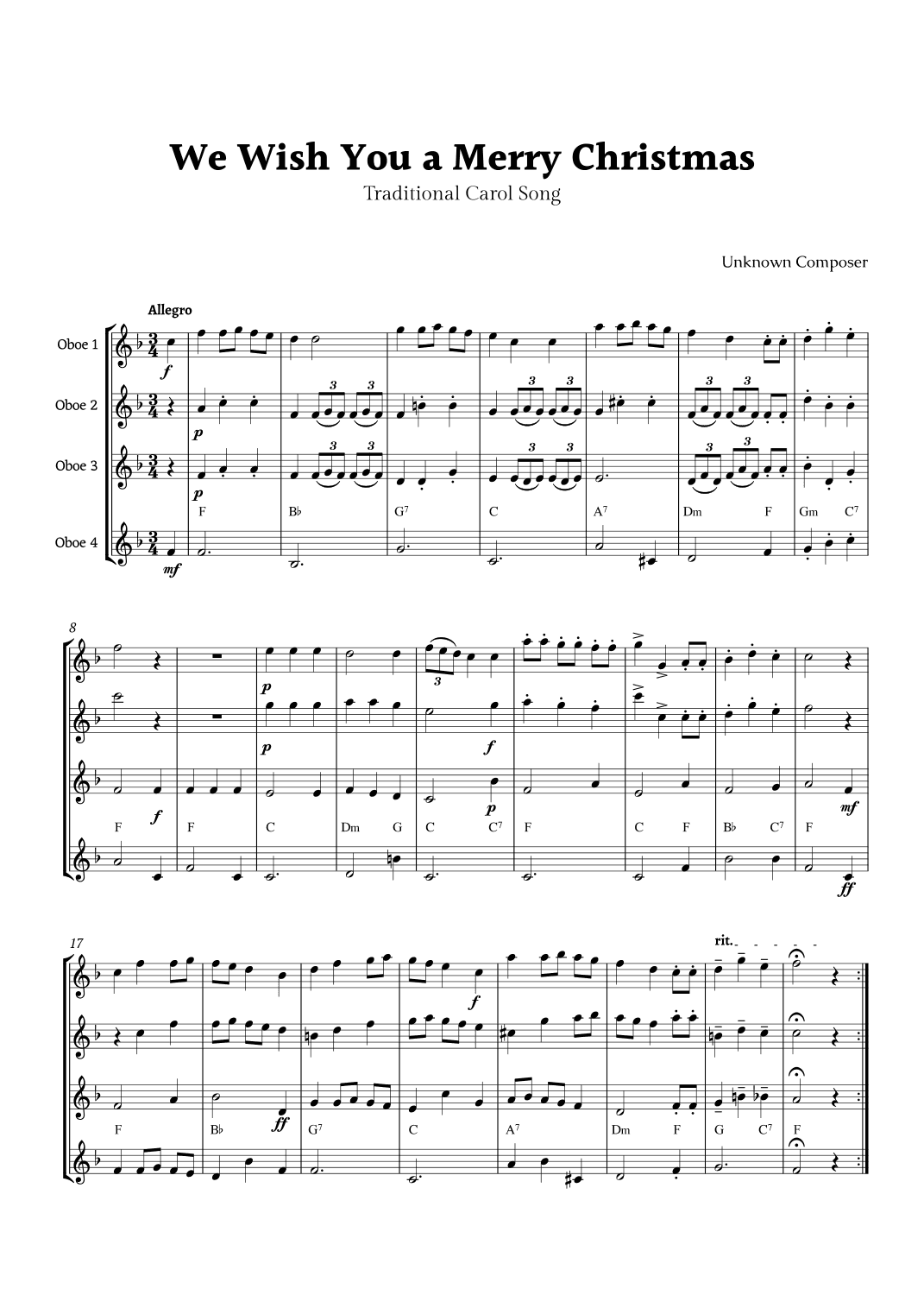 We Wish you a Merry Christmas for Oboe Quartet with Chords (arr. Rika K.)