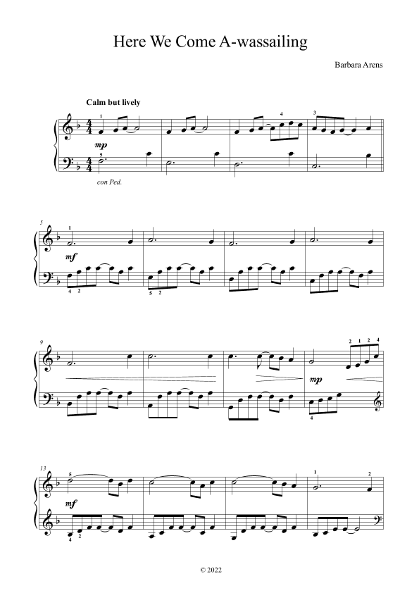 Here We Come a-Wassailing Early Intermediate Piano (arr. Barbara Arens)