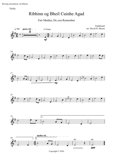 Ribhinn og Bheil Cuinhe Agad (Fair Maiden, do you remember) (arr. David D. Mason)