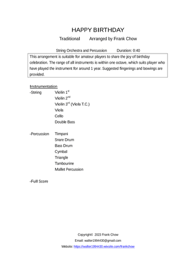 Happy Birthday (for string orchestra and percussion) (arr. Frank Chow)