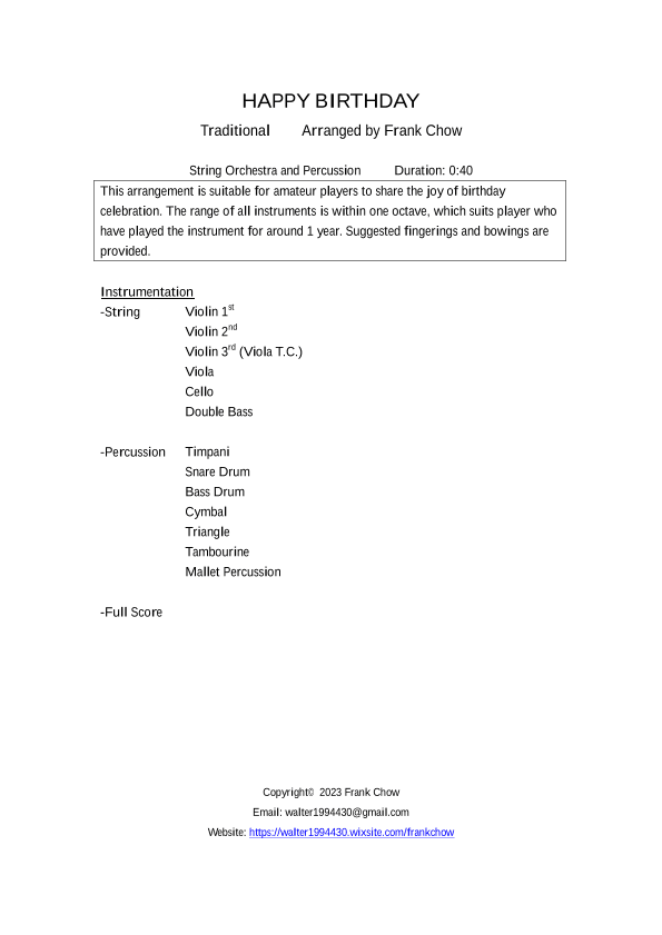 Happy Birthday (for string orchestra and percussion) (arr. Frank Chow)