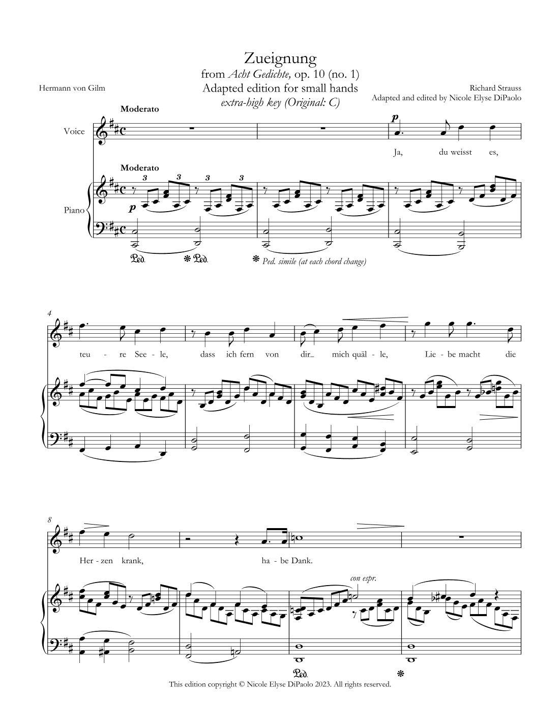 Strauss - Zueignung from Acht Gedichte, op. 10 - Small Hand Edition (D major, extra-high key) (arr. Nicole Elyse DiPaolo)