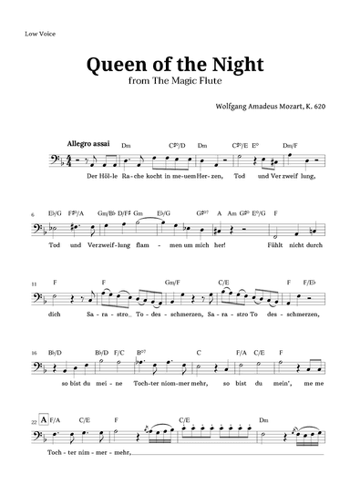 Queen of the Night by Mozart Lead Sheet (Low Voice) (arr. Langanho)