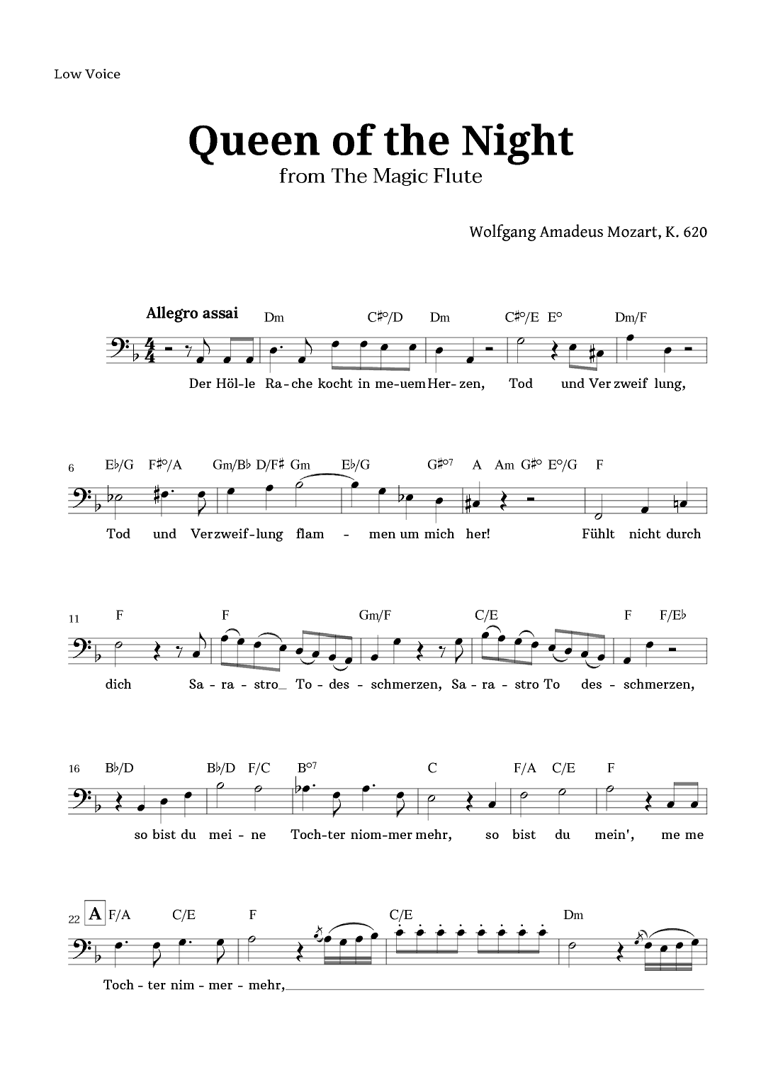 Queen of the Night by Mozart Lead Sheet (Low Voice) (arr. Langanho)