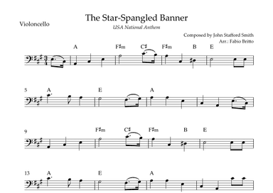 The Star Spangled Banner (USA National Anthem) for Cello Solo with Chords (A Major) (arr. Fabio Britto)