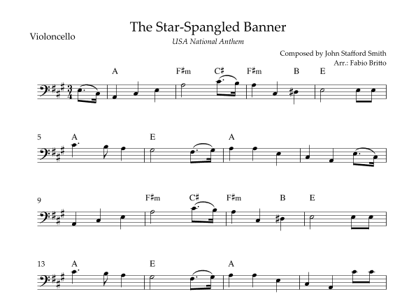 The Star Spangled Banner (USA National Anthem) for Cello Solo with Chords (A Major) (arr. Fabio Britto)