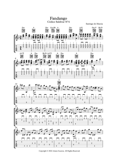 "Fandango" for guitar from "Codice Saldivar" No.4 by Santiago de Murcia - Notation and TAB (arr. Arturo Escorza)