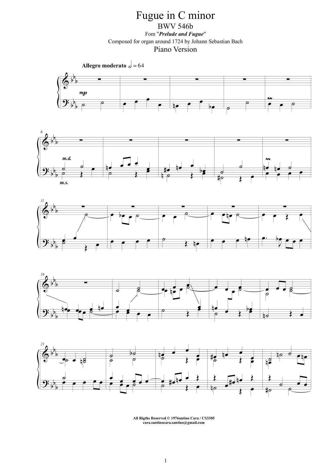 Bach - Fugue in C minor BWV 546b - Piano version (arr. Santino Cara)