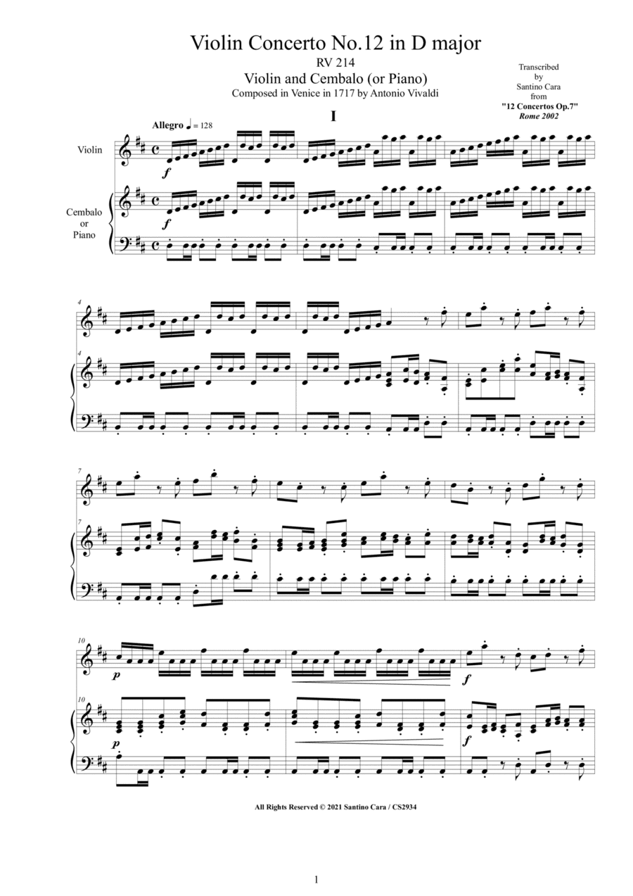 Vivaldi - Violin Concerto No.12 in D major RV 214 Op.7 for Violin and Cembalo (or Piano) (arr. Santino Cara)