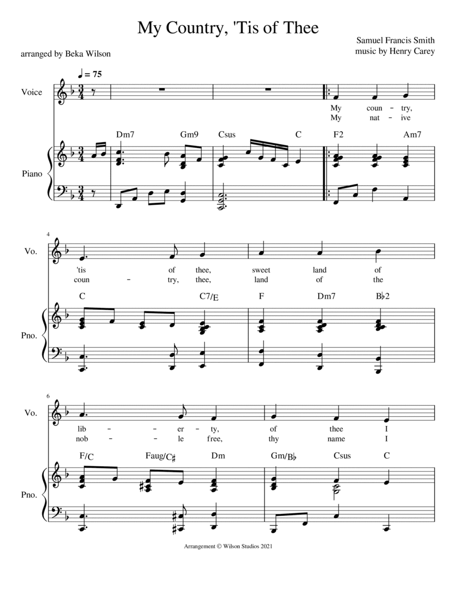 America (My Country 'Tis of Thee)--vocal solo (treble clef) (arr. Beka Wilson)