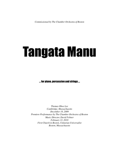 Tangata Manu (2009) for piano, percussion and string quintet