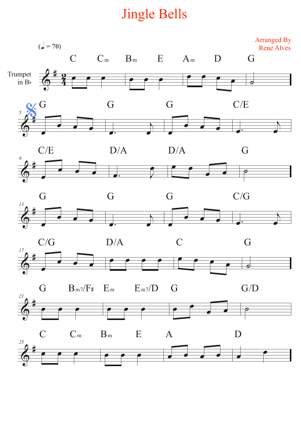 jingle bells, cipher christmas music and melody for trumpet in Bb (arr. Rene Alves)